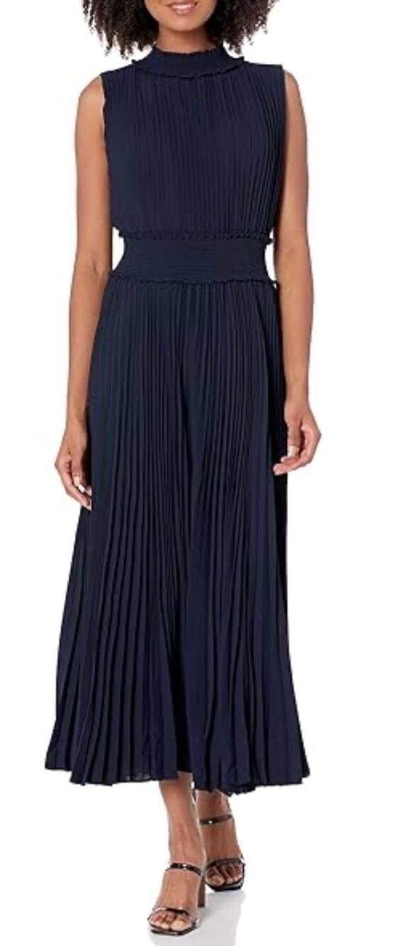 Nanette Nanette Lepore Smocked High Neck Pleated Dress Women Navy Blue Sz 18 New
